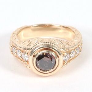 14K Yellow Gold Bezel Set Cognac & White Diamond Ring